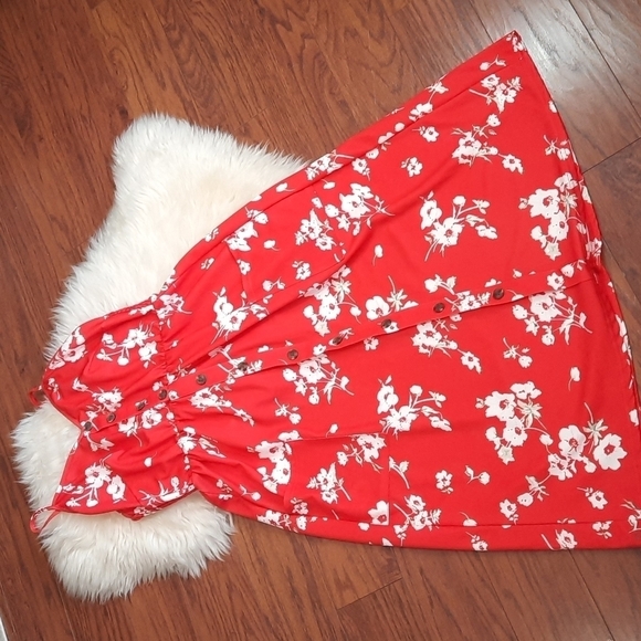 Boutique Red Floral Button Front Summer Dress - Picture 1 of 6
